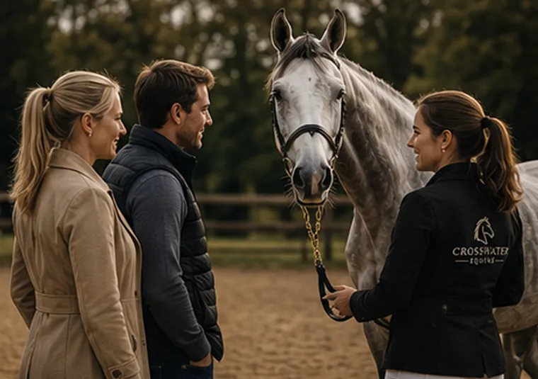 A couple meeting their new horse with a Crosswater broker