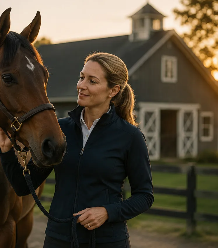 A European broker greeting a bay horse at her farm