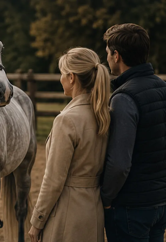 A couple viewing a gray sport horse with a Crosswater broker in the paddock