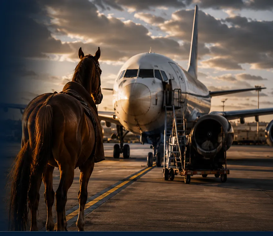 A horse waiting beside a cargo plane at sunset, ready for its journey to North America