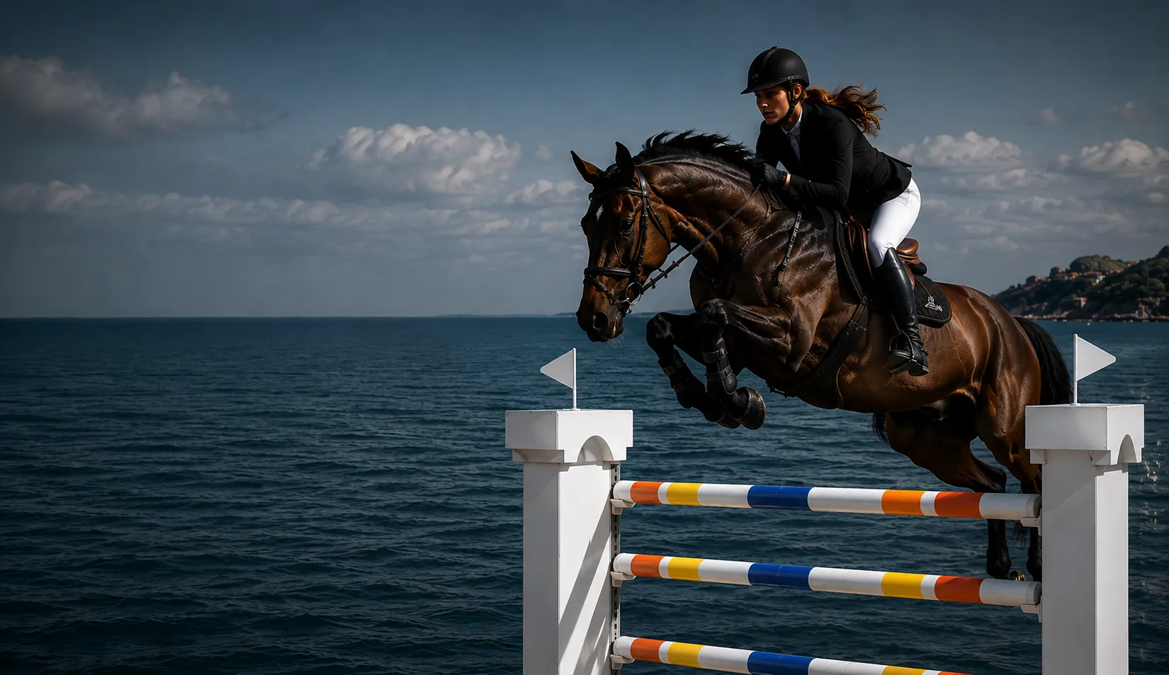 Rider clearing a jump by the sea